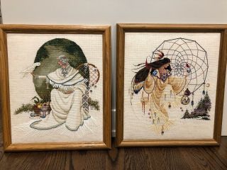 Two Vintage Beaded Dreamcatcher Needlepoint Native American Woman Matriarch Art