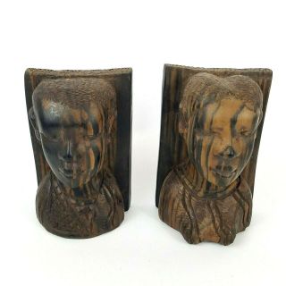 Carved Macassar Ebony Busts Bookends Africa Tribal Folk Art Book Ends Striped