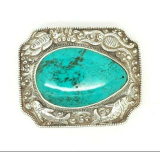 Huge Carved Turquoise Sterling Silver 925 Belt Buckle 136g Sea224