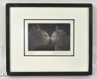 2 Cats Le Etching By Listed Japanese Hiroto Norikane 454/500