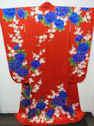 Bridal Red Silk Japanese Kakeshita Kimono W/ume,  Botan,  Gold Emb E336
