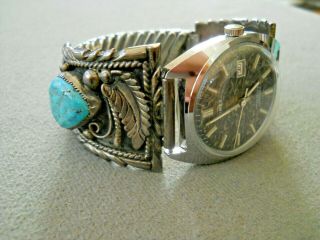 Native American Indian Navajo Turquoise Sterling Silver Watch Bracelet Ahasteen