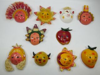 Set Of 10 Masks Coconut Shell Mexican Handmade Colorful Folk Art