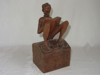 Carved Wood Sculpture J Pinal Mexico Vtg Man Reading Book Chest Wooden Figure
