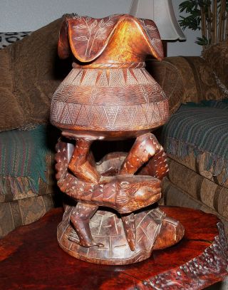 Asian Pacific African? Heavy Hand Carved Wood Turtle & Lizard Candle Holder?
