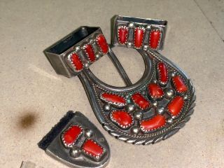 Native American Sterling Silver & Coral Belt Buckle Set Tommy Moore