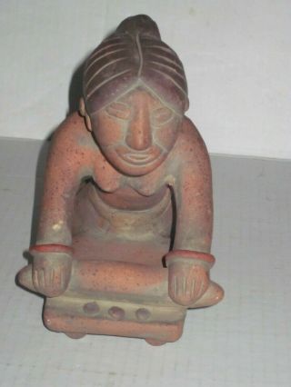 Vintage Mexican Folk Art Mayan Aztec Pottery Figure Woman Grinding Corn 3
