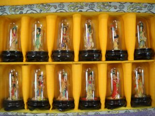 Boxed Set Of 12 Miniature Japanese Geisha Doll Figures In Glass Dome Jars 1940s