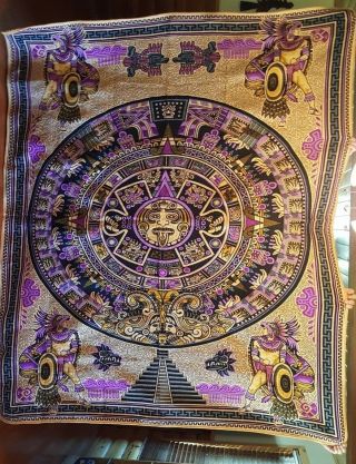 Authentic Mexican Woven Blanket - Jacquard Style W/ Aztec Calendar,  Purple Color