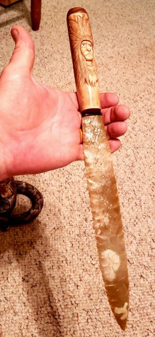 Fabulous Huge Flint River Knapped Knife Blade Carved Antler On Rattlesnake Stand