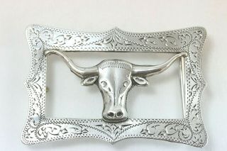 Vintage Sterling Silver Belt Buckle with a Framed Longhorn Steer 2