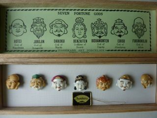 Toshikane Art Porcelain Seven Fortune Gods Buttons In Wooden Box Tokyo Japan