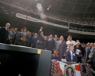 President John F.  Kennedy Throws First Pitch Baseball Game 1963 8x10 Photo