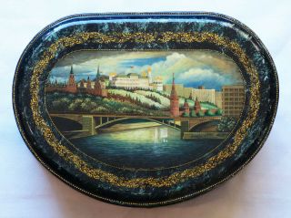 Large 10.  75 " X 8 " Russian Fedoskino Signed Hand - Painted Lacquer Box “moscow”