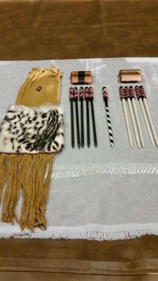 Native American Blackfeet Tribe Hand Game Set With Beaded Sticks And Pouch