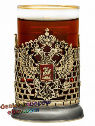 Set Bronze Solid Brass Tea Glass Holder Coat Of Arms Russia - Kremlin Wall
