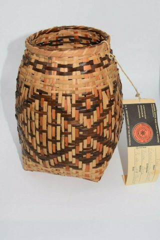 Fine Cherokee Indian Rivercane Vase Basket Qualla Tag E.  Garrett Native American