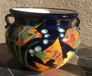 Mexican Pottery Talavera Planter Bean Pot Fish Tropical Xx Large 22 " Folk Art