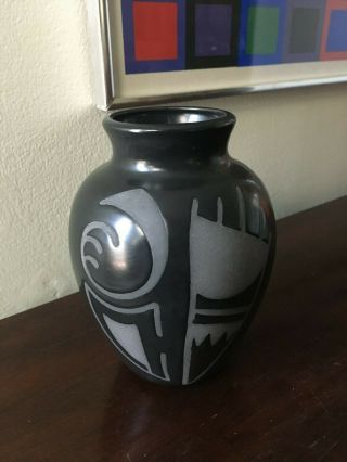 Signed Black Santa Clara Pueblo Pottery 6 1/2 " Vase