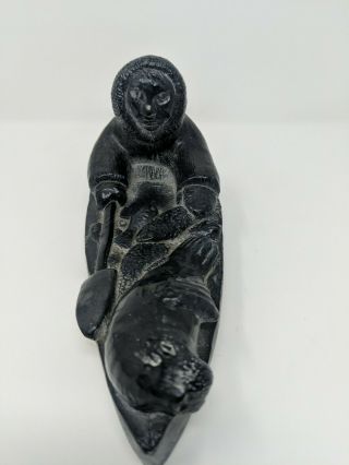 Wolf Canada Inuit Hand Made Soapstone Sculpture Of Eskimo In Canoe Seal