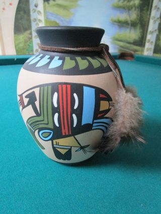 Arizona Native American Indian Pottery Vase Kopa Signed With Feathers 6 1/2 "