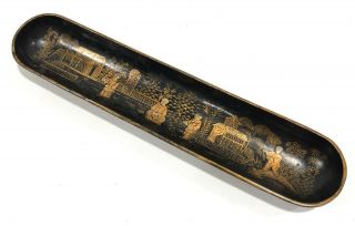 Antique Gold Hand Painted Chinese Black Lacquer Pen Coin Pin Trinket Tray