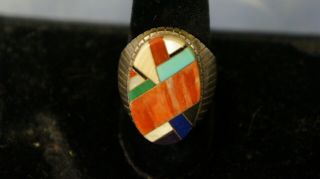 Vintage Ray Jack Navajo Sterling Silver Gemstone Mosaic Inlay Oval Ring Size 13