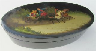 Russian Fedoskino School Hand Painted Paper Mache Lacquer Box Vintage Troyka