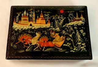 Vintage Large Palekh Russian Lacquer Hand - Painted Box Troika & Castles Signed
