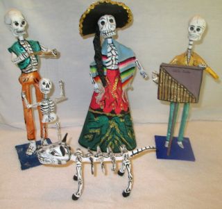 4 Piece Mexican Day Of Dead Ensemble,  Approx 12 " Tall Paper Mache,  Signed,  Mexico