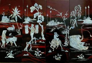 4 Vintage Asian Lacquer Mother Of Pearl? Wall Panels/ Art - Red Tones