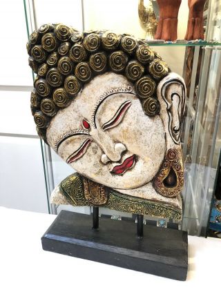 Buddha Face Hand Carved & Painted Solid Wood On Stand Art Bali By Zenda Imports