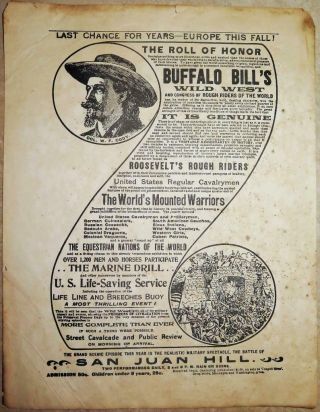 19th C.  Buffalo Bills Wild West & Rough Riders Handbill Leaflet Poster Program