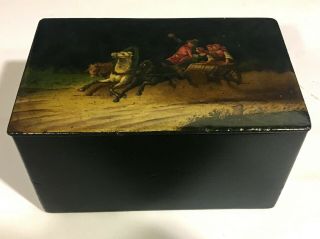 Antique 19th C.  Russian Lacquer Hinged Box Hand Painted Troika Scene W/ Horses