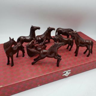 Vintage Chinese Carved Wood Horses In Fitted Box - 8 Noble Steeds From Taipei
