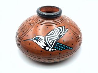 Native American Pottery Hummingbird Handmade Navajo Indian Etched Signed