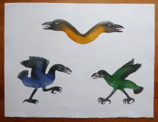 Vintage Colorful Inuit Lithograph " Birds Fighting " Canada Aboriginal