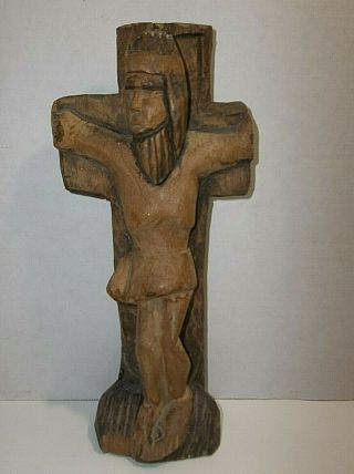 Antique Mexican Carved Wood Folk Art Santo Jesus On Cross