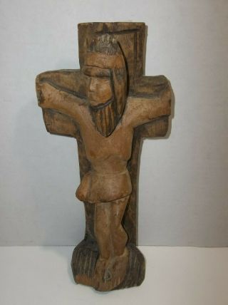 Antique Mexican Carved Wood Folk Art SANTO JESUS On Cross 3