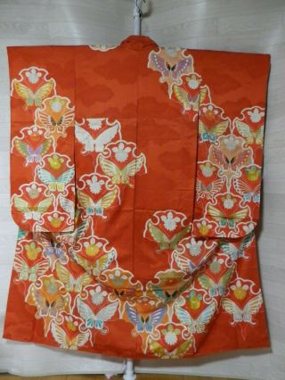 Japanese Vintage Kimono Furisode Silk Orange Aa76 001