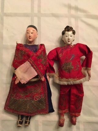 Antique Chinese Opera Doll Couple Embroidered Silk Asian Oriental Robe 10 "
