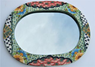 Mexican Pottery Oval Mirror Frame And Mirror 21 " X 16 "