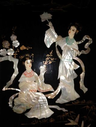 Japanese Geisha Dance Lotus & Sakura Black Lacquer Asian Art Nacre Mother Pearl