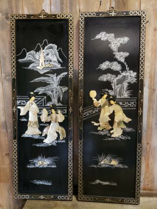 Vintage Black Lacquer Mother Of Pearl Japanese Geisha Wall Panel Art