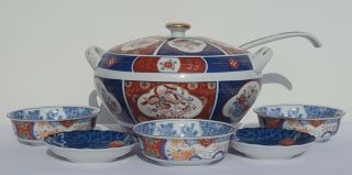 Vintage Porcelain Japanese Soup Bowl Set Including 3 Rice/soup Bowels & 2 Plates