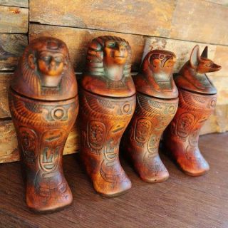 Antique Set Of 4 Egyptian Ancient Canopic Jars Organs Funerary Statues X - Large