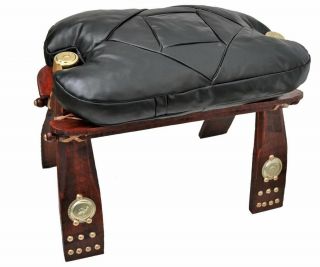 Vintage Egyptian Camel Saddle Leather Wood Foot Stool Ottoman Chair Decor 3
