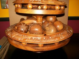 LEILANI MONKEY - POD WOOD HAND CRAFTED 3 TIER LAZY SUSAN w/ WOODEN FRUITS 2