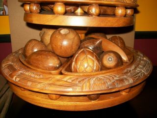 LEILANI MONKEY - POD WOOD HAND CRAFTED 3 TIER LAZY SUSAN w/ WOODEN FRUITS 3