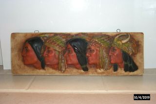 Antique Early 1900s Chalkware Wall Plaque Of 5 Native American Chiefs